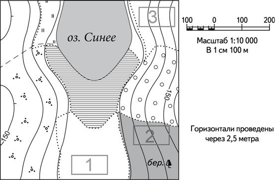 Фрагмент топографической карты с участками 1, 2 и 3