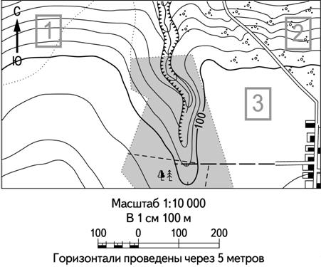 Фрагмент топографической карты с участками 1, 2 и 3