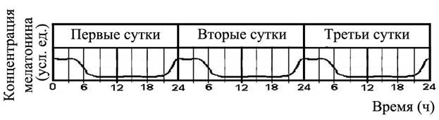 График изменения концентрации мелатонина у человека в течение трёх суток