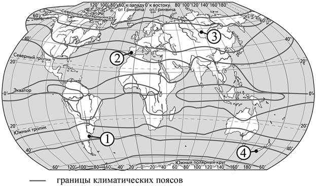 Карта климатических поясов с обозначенными пунктами