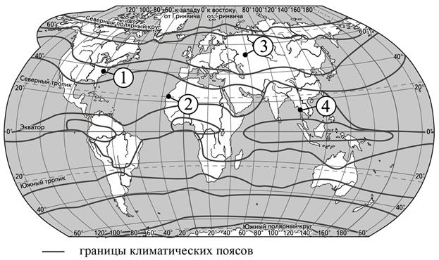 Карта климатических поясов с обозначенными пунктами