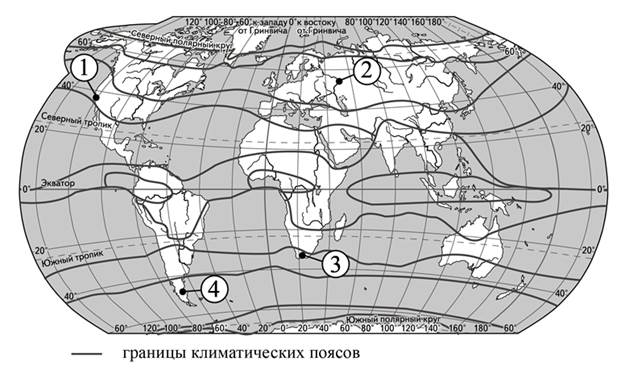 Карта климатических поясов с обозначенными пунктами