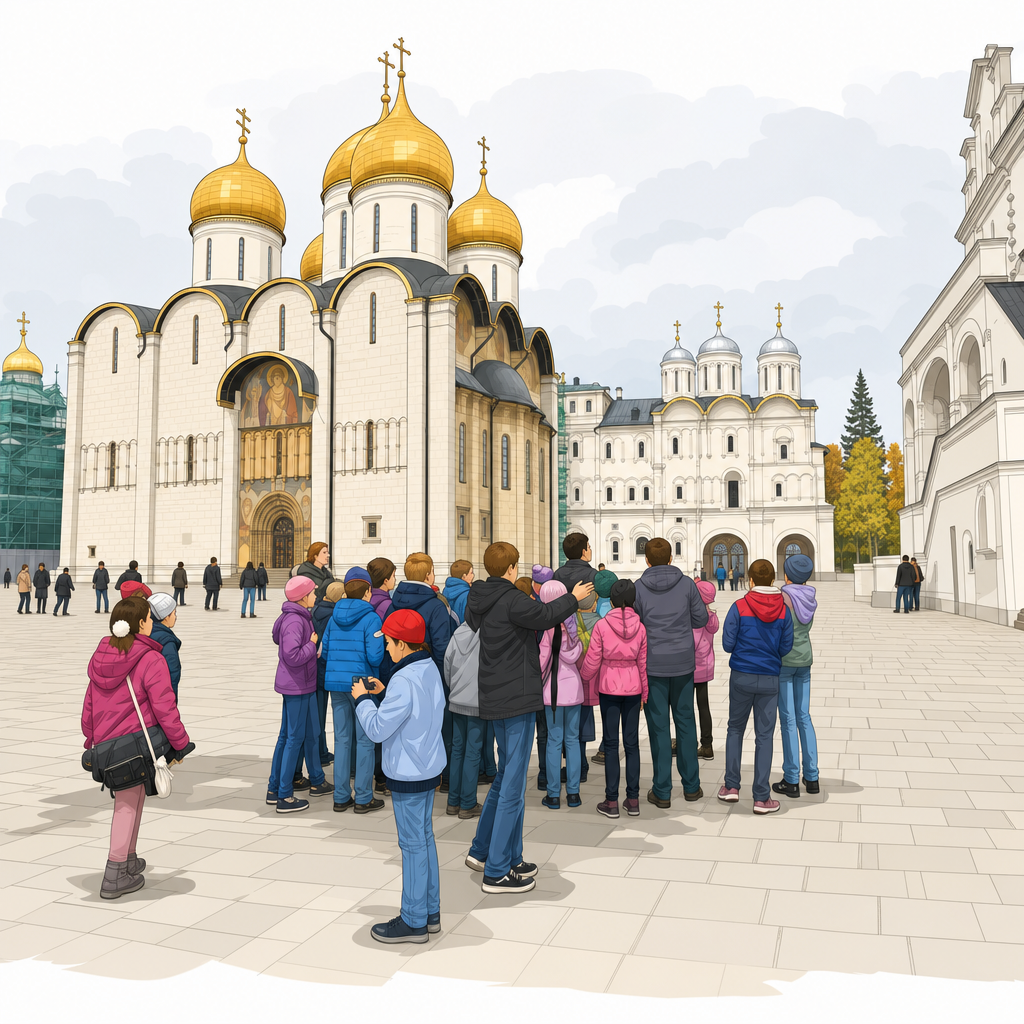 Группа школьников на территории Московского Кремля